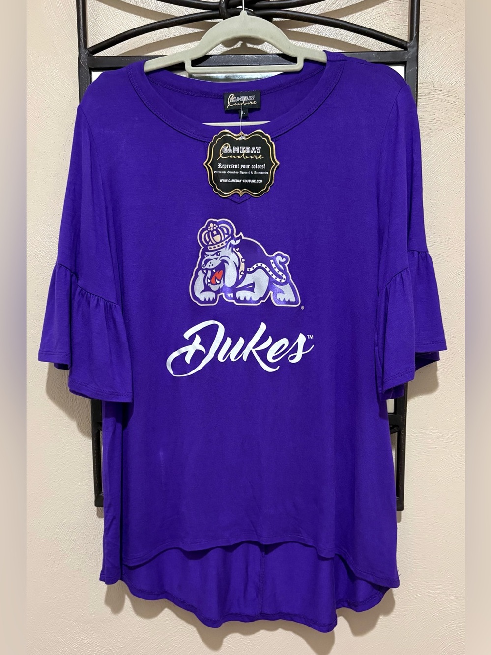 NWT James Madison University Dukes Graphic Ruffle-Sleeve Top Size L